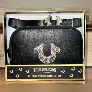 ✅ 🥰 True Religion Belt Bag w/Adjustable Straps - Black Leather/ Rhinestone Logo